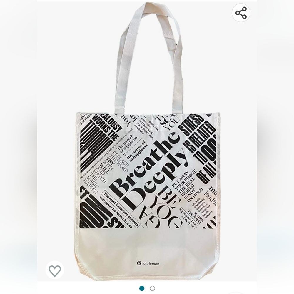 New Large Black & White Breathe Deeply Lululemon Reusable Tote
